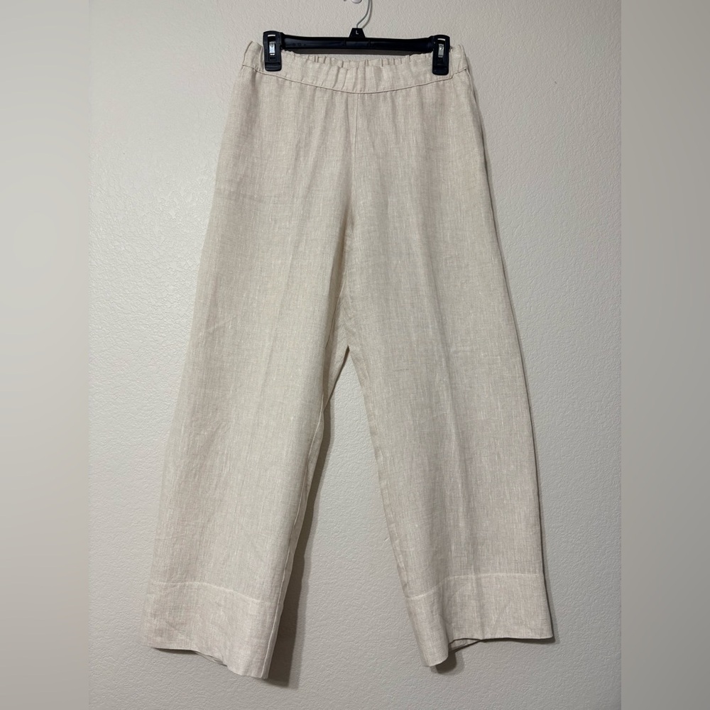 WHYCI Milano Casual Neutral Beige Linen Wide-Leg Pull On Pants w Pockets